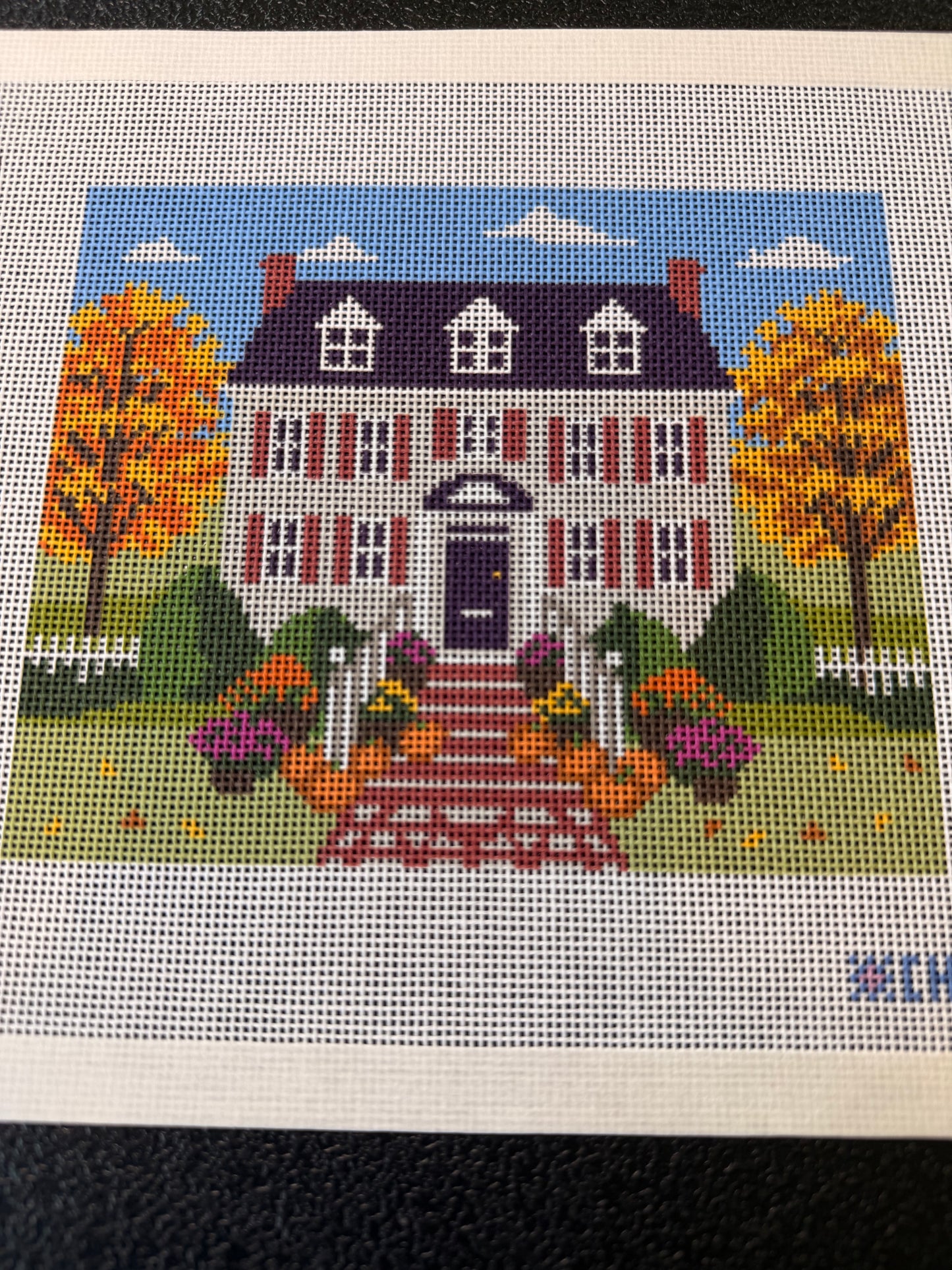 Halloween Front Porch Needlepoint Canvas – Fall Colonial House Pumpkin Steps Design
