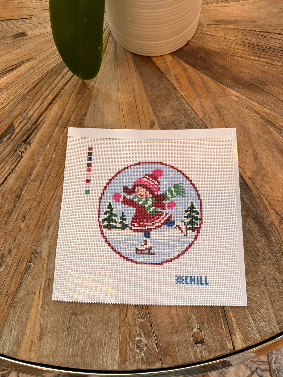 Ice Skating Girl Christmas Needlepoint Ornament Canvas – Round | Winter Chill Collection