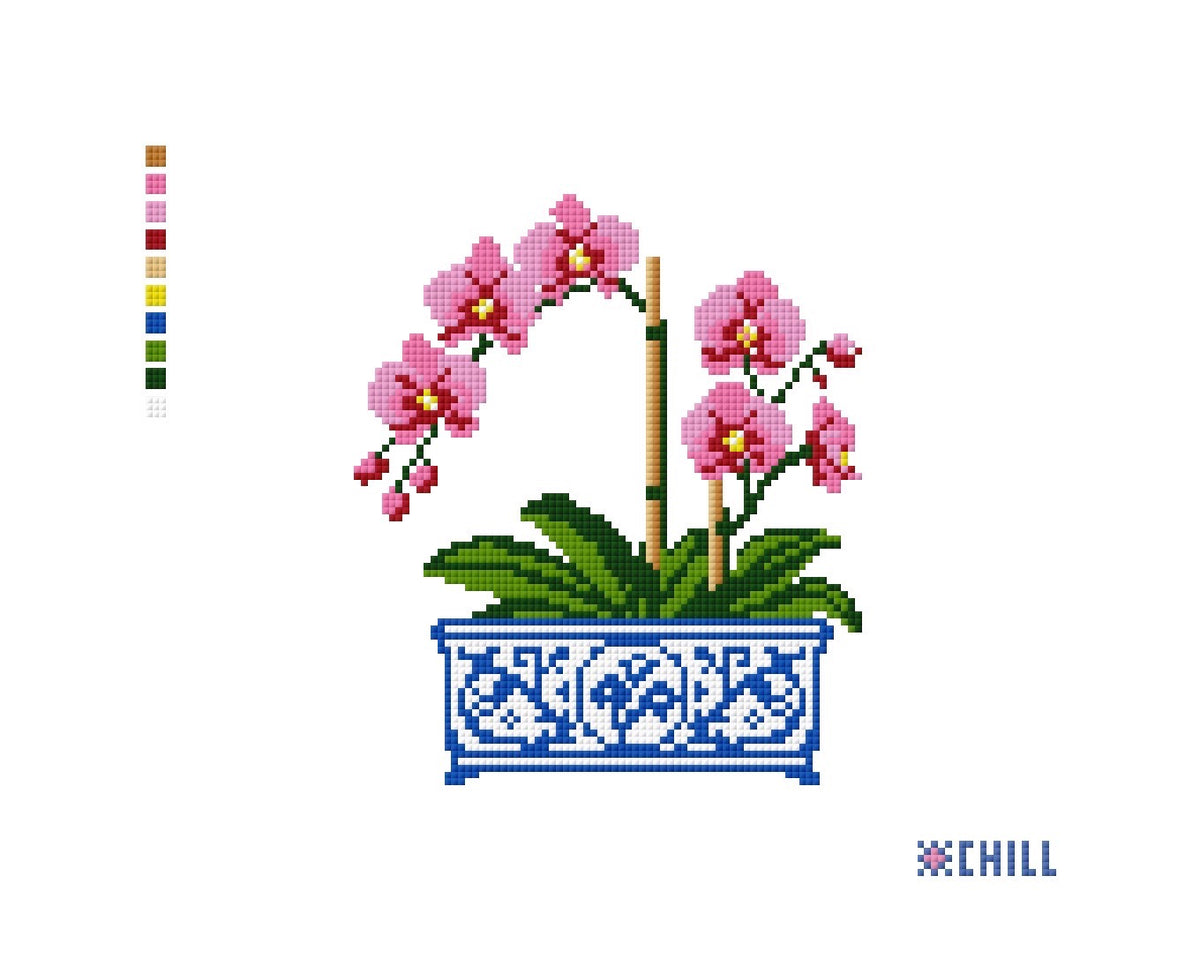 Orchid in Blue & White Chinoiserie Pot Needlepoint Canvas | Floral DIY Needlepoint | Beginner Friendly | 5x7 on 8x10 Canvas