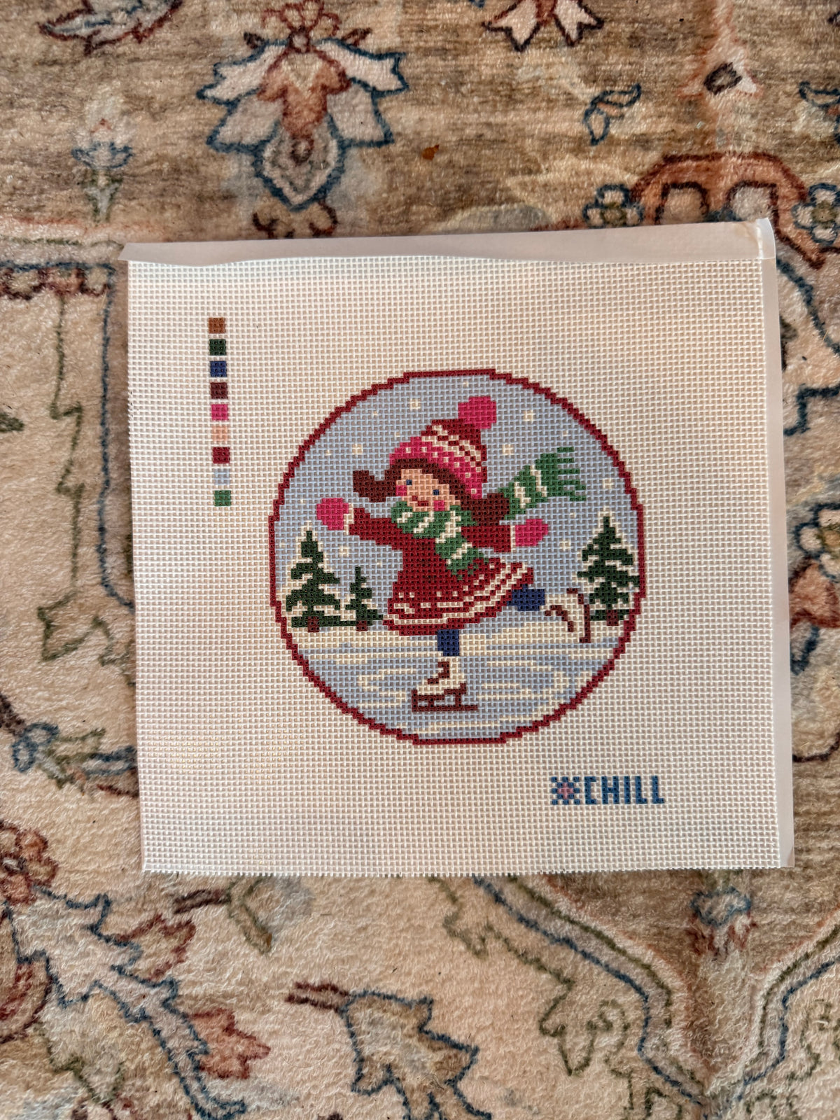 Ice Skating Girl Christmas Needlepoint Ornament Canvas – Round | Winter Chill Collection