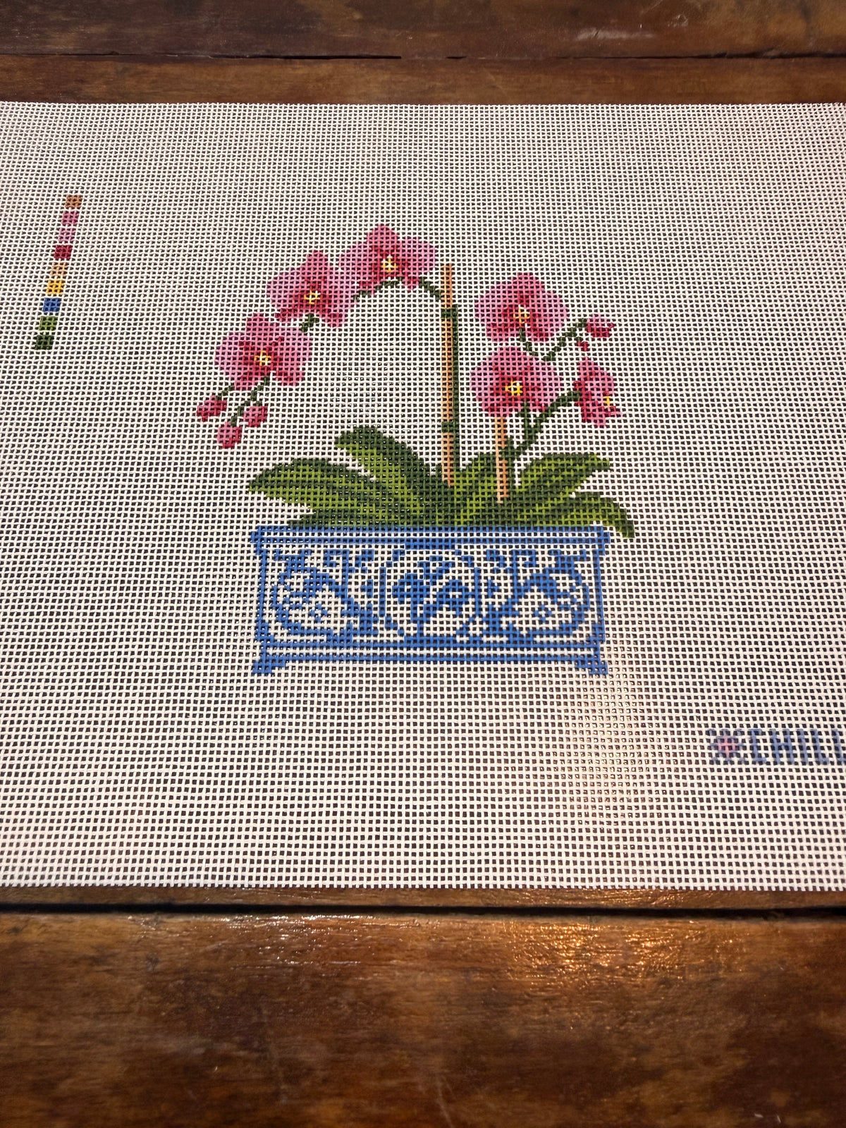 Orchid in Blue & White Chinoiserie Pot Needlepoint Canvas | Floral DIY Needlepoint | Beginner Friendly | 5x7 on 8x10 Canvas