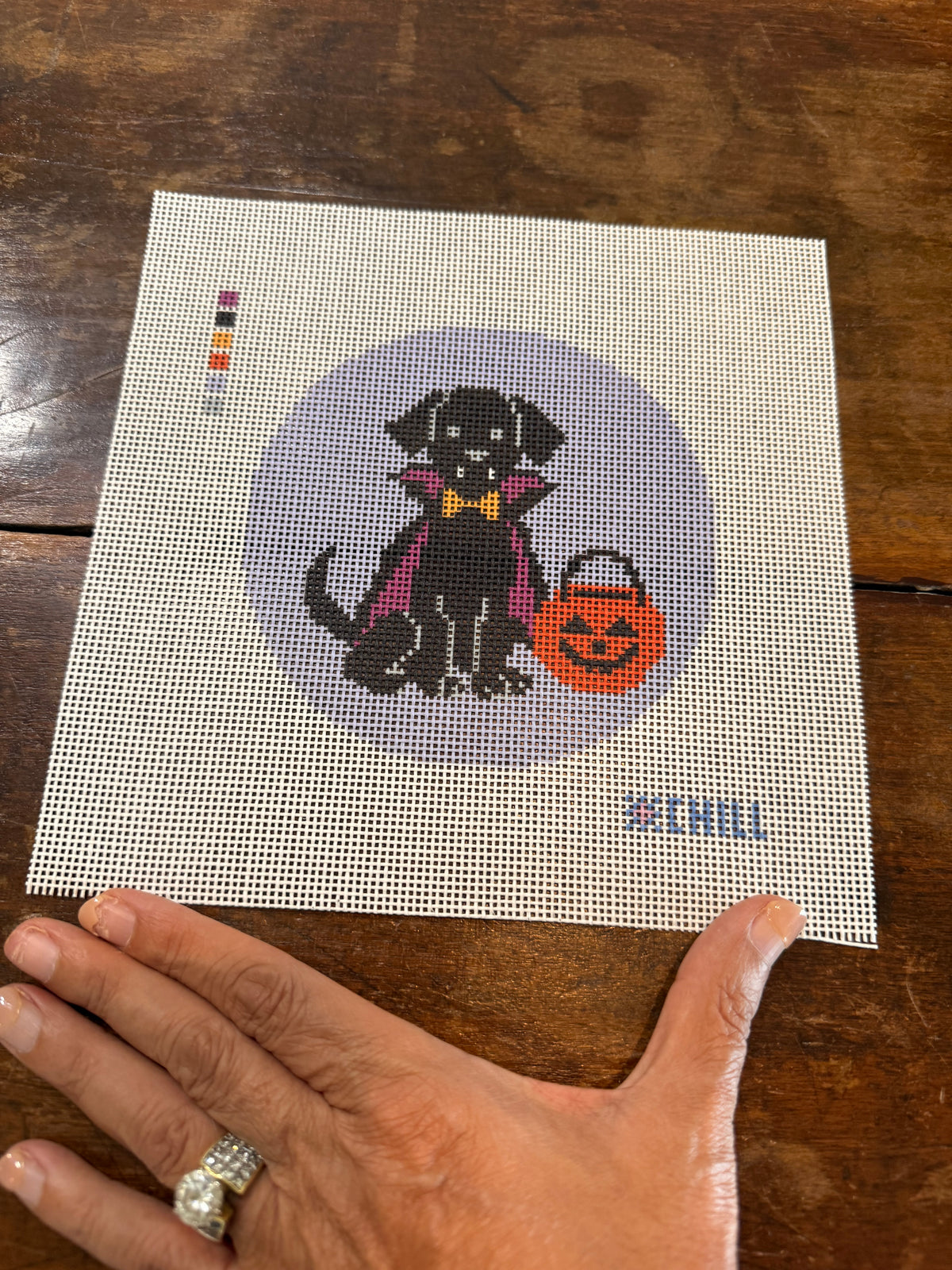 Halloween Needlepoint Canvas – Vampire Puppy Dog Black Lab Design