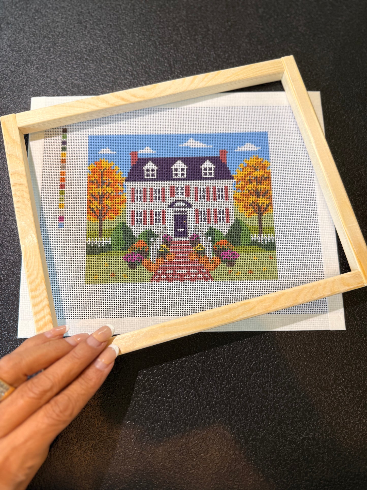 Halloween Front Porch Needlepoint Canvas – Fall Colonial House Pumpkin Steps Design