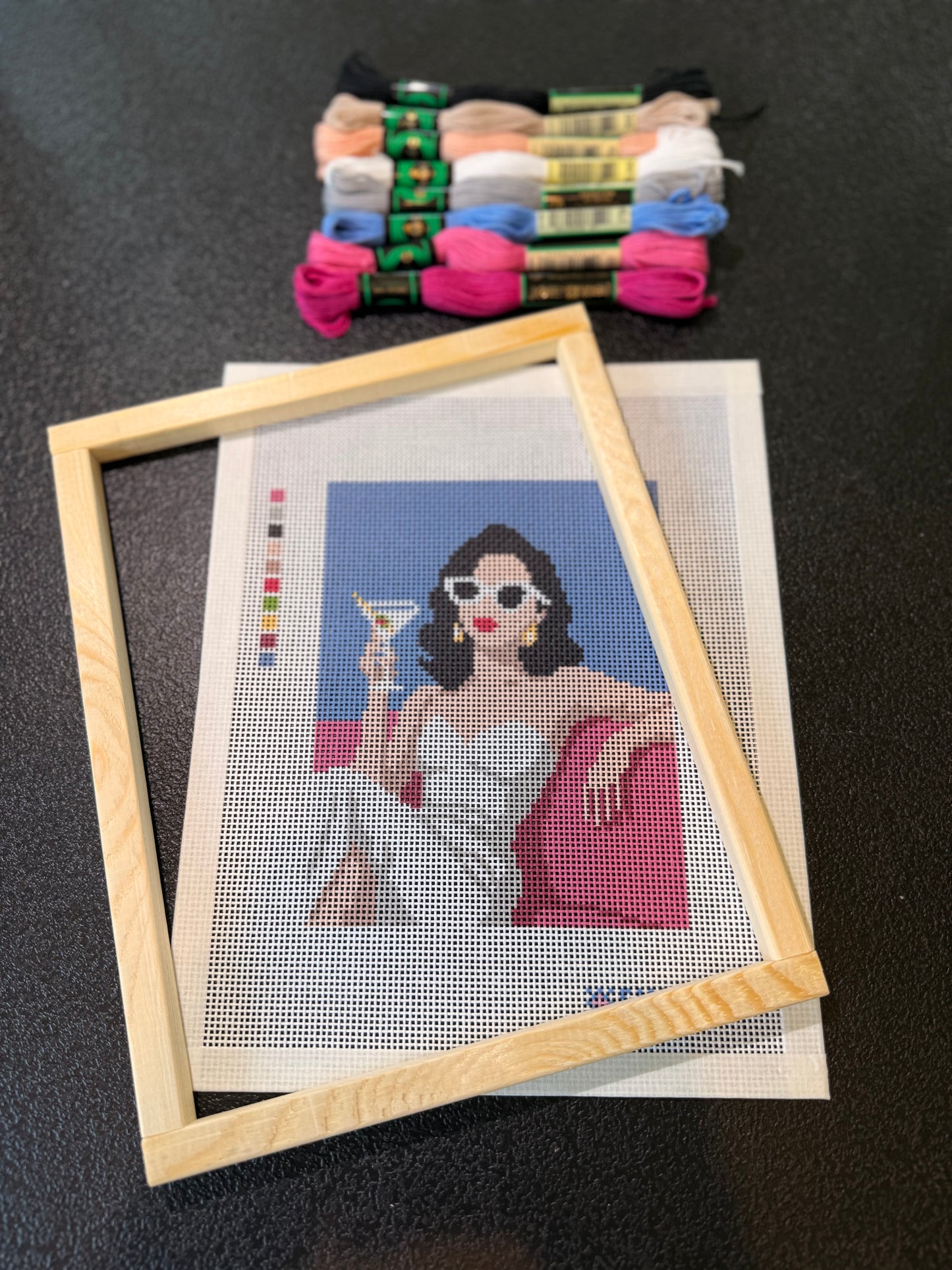 Martini on the Pink Couch Needlepoint Kit (includes threads and Stretcher Bars) | Cocktail Chic Collection (Copy)