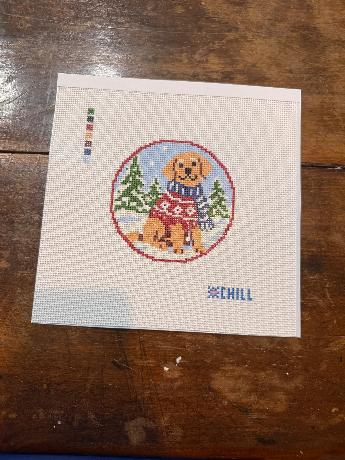 Christmas Dog in Sweater Needlepoint Ornament Canvas – Round | Winter Chill Collection