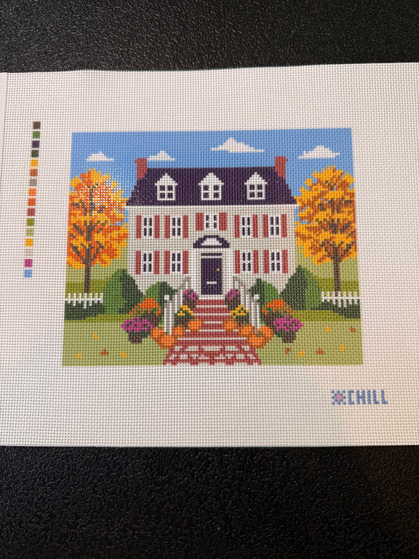 Halloween Front Porch Needlepoint Canvas – Fall Colonial House Pumpkin Steps Design