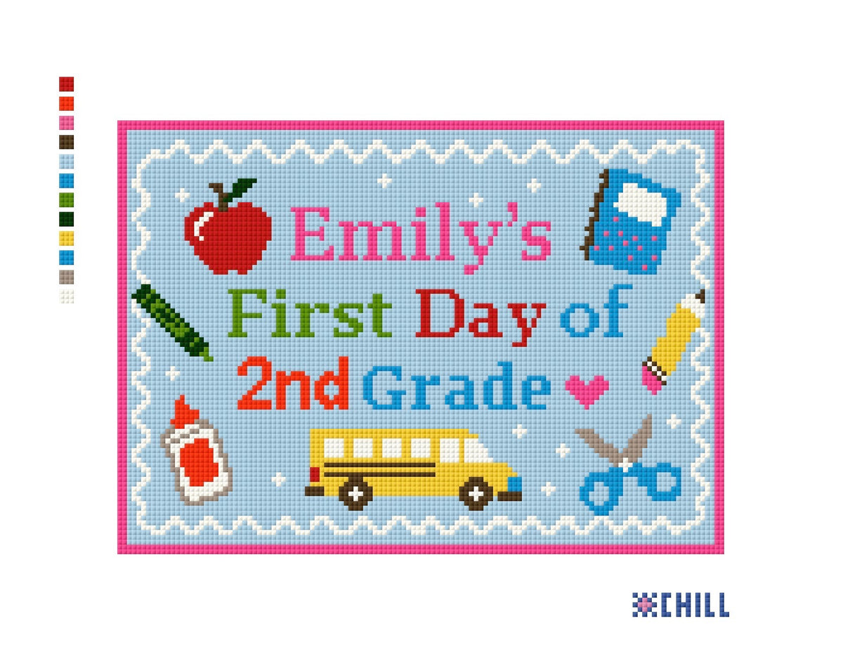 First Grade Needlepoint Canvas | Back to School Design | Pink Blue School Bus Apple DIY Needlepoint Canvas