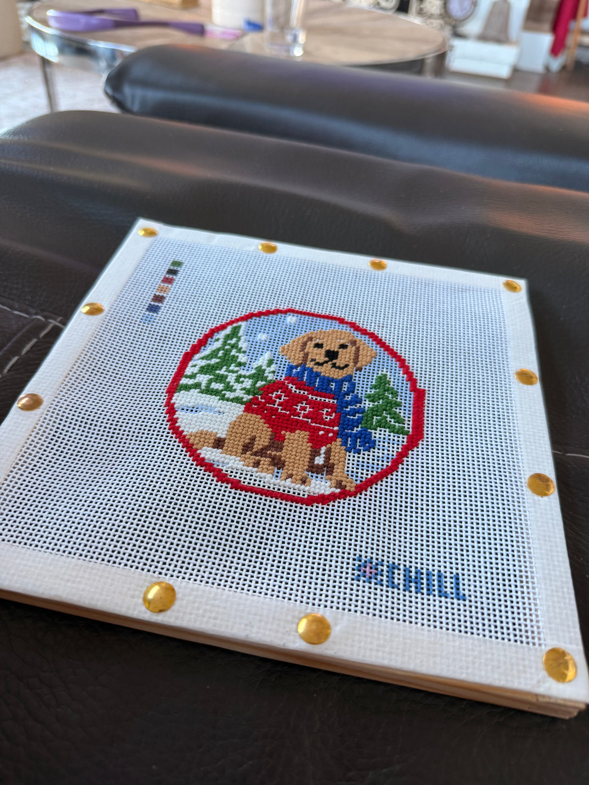 Christmas Dog in Sweater Needlepoint Ornament Canvas – Round | Winter Chill Collection