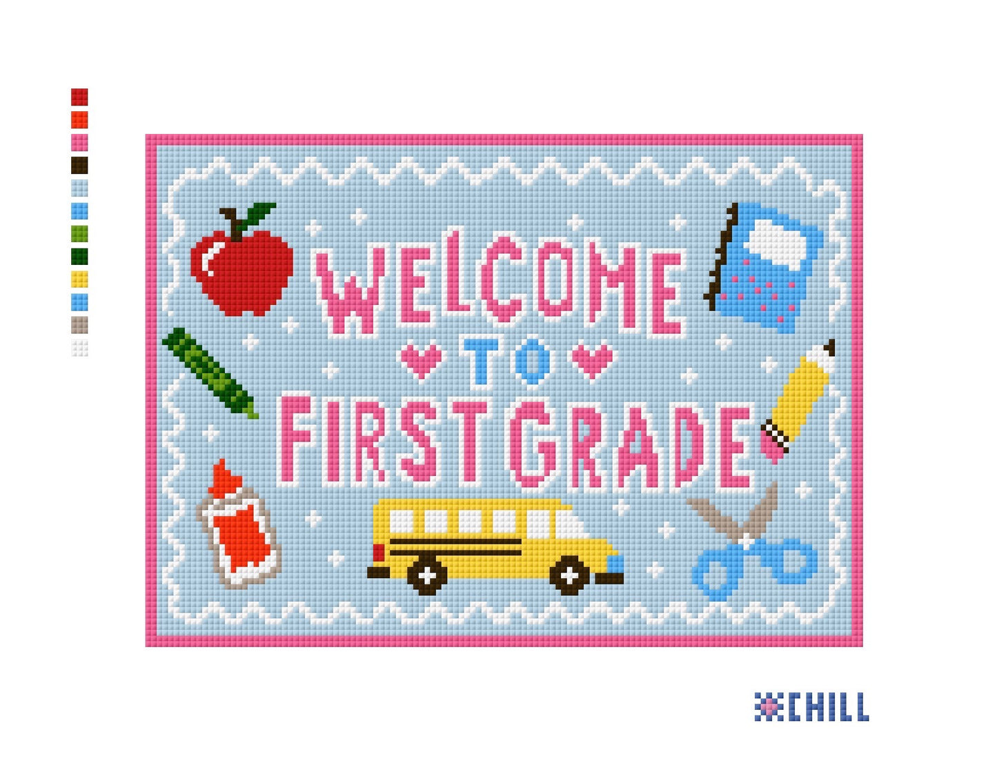 First Grade Needlepoint Canvas | Back to School Design | Pink Blue School Bus Apple DIY Needlepoint Canvas