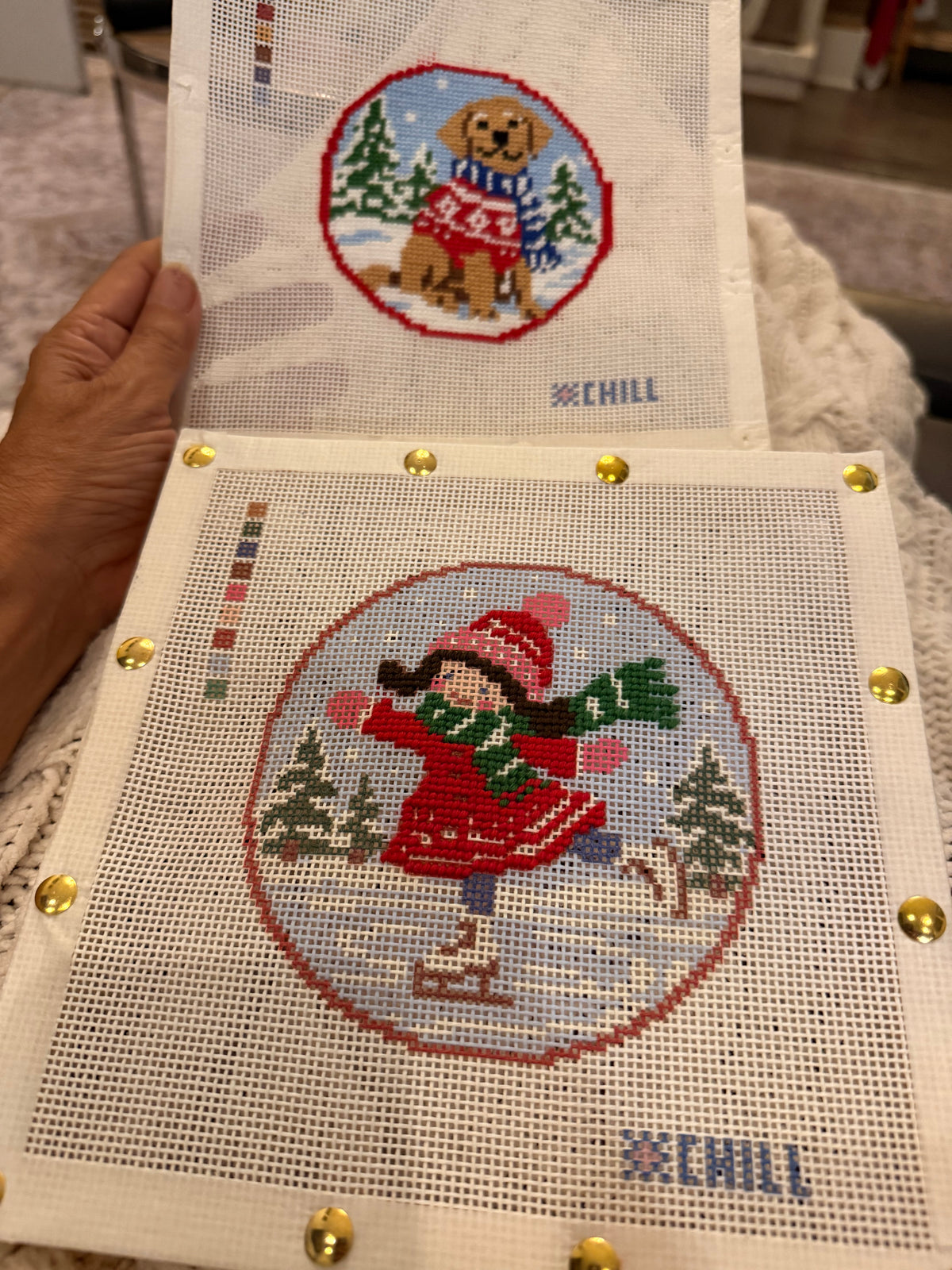 Ice Skating Girl Christmas Needlepoint Ornament Canvas – Round | Winter Chill Collection