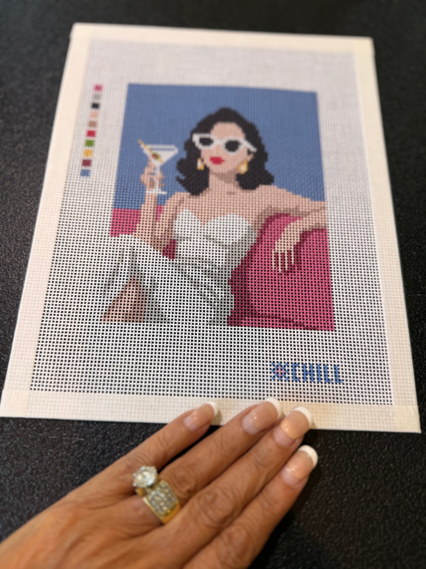Martini on the Pink Couch Needlepoint Kit (includes threads and Stretcher Bars) | Cocktail Chic Collection (Copy)