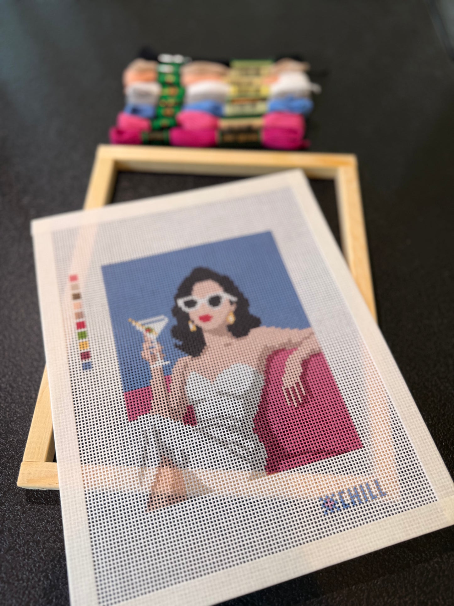 Martini on the Pink Couch Needlepoint Kit (includes threads and Stretcher Bars) | Cocktail Chic Collection (Copy)