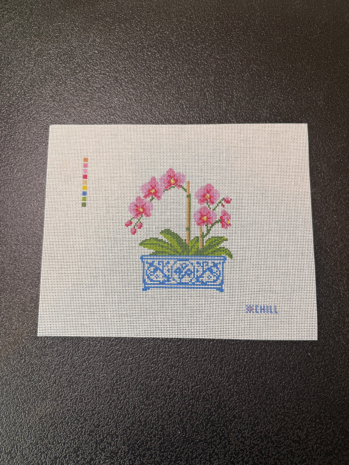 Orchid in Blue & White Chinoiserie Pot Needlepoint Canvas | Floral DIY Needlepoint | Beginner Friendly | 5x7 on 8x10 Canvas