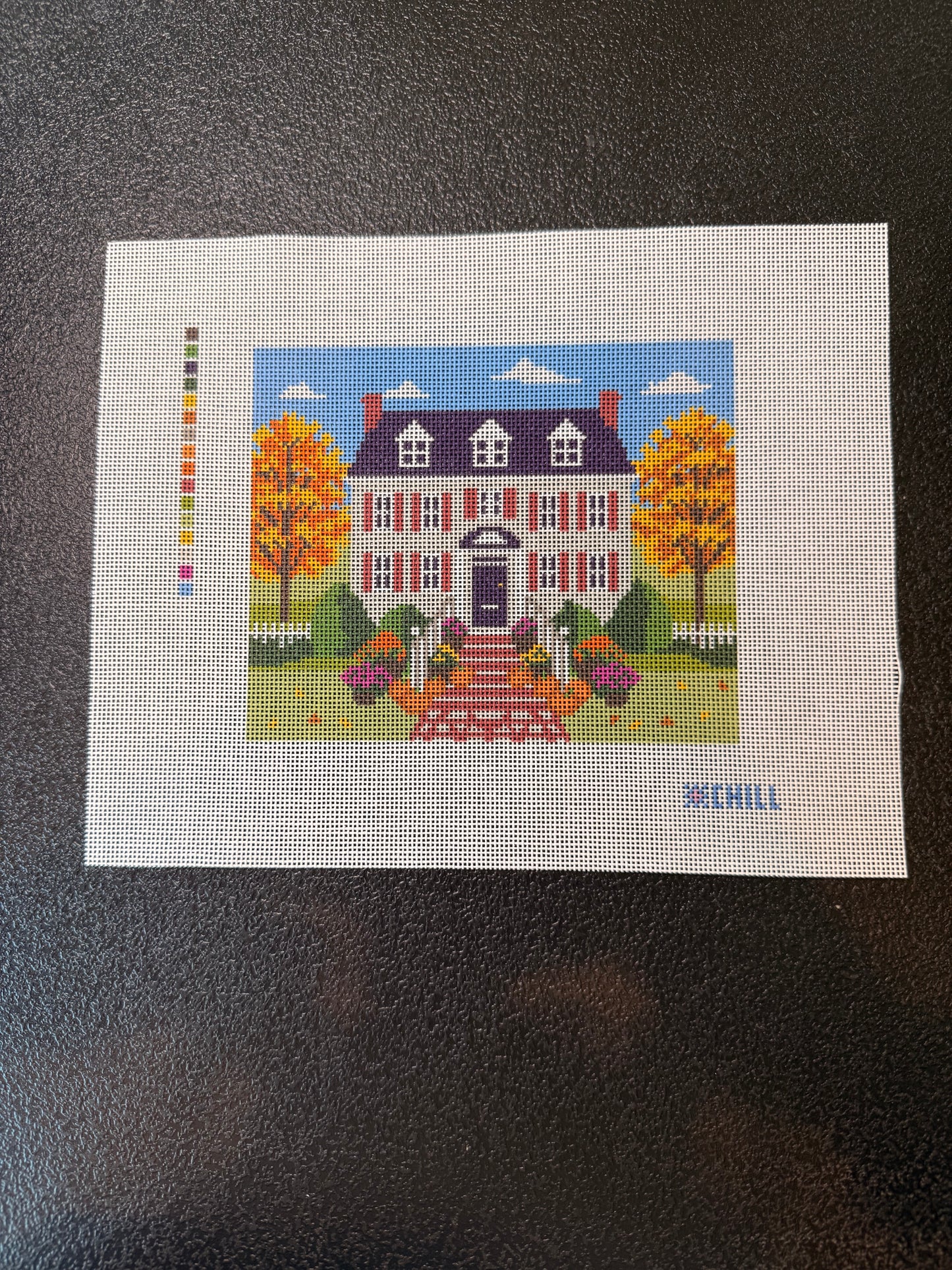 Halloween Front Porch Needlepoint Canvas – Fall Colonial House Pumpkin Steps Design