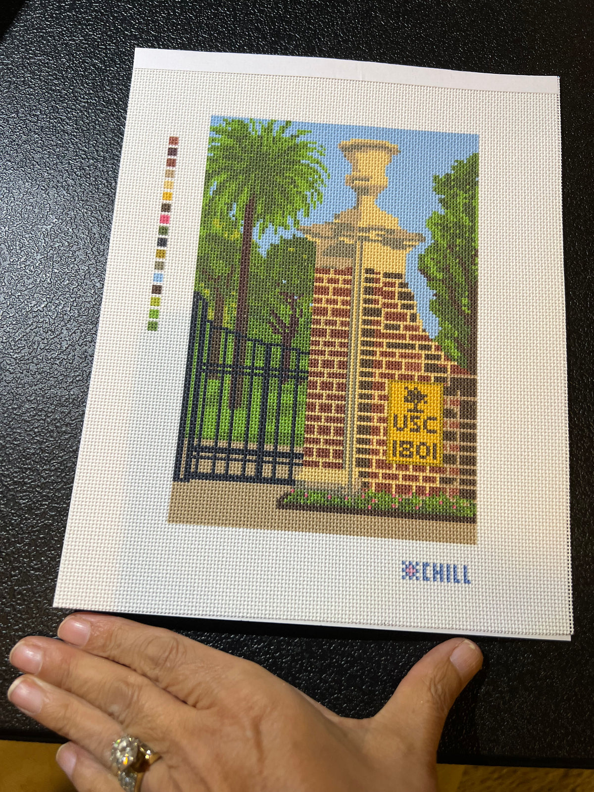 South Carolina Brick Gate Needlepoint Canvas | Palmetto Campus Landmark - 8x10 canvas on 18 mesh