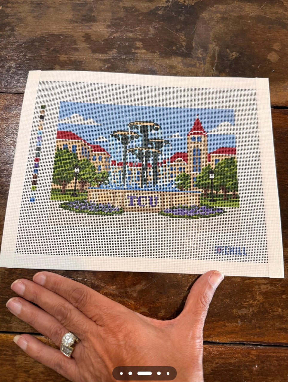 Texas Fountain Needlepoint Canvas | Fort Worth Campus Landmark Design | 8x10 canvas on 18 mesh