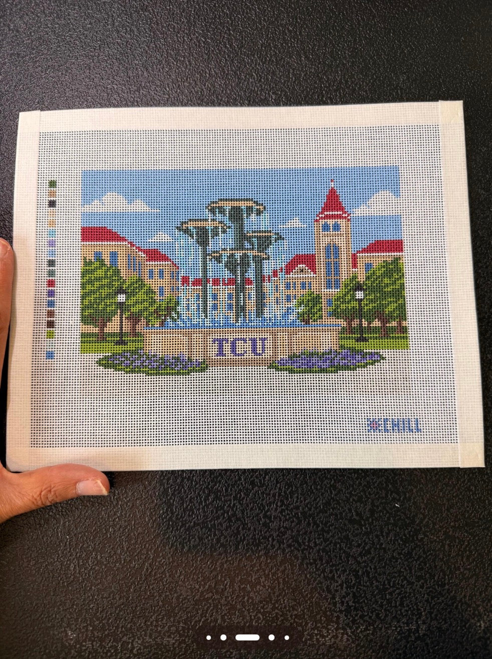 Texas Fountain Needlepoint Canvas | Fort Worth Campus Landmark Design | 8x10 canvas on 18 mesh