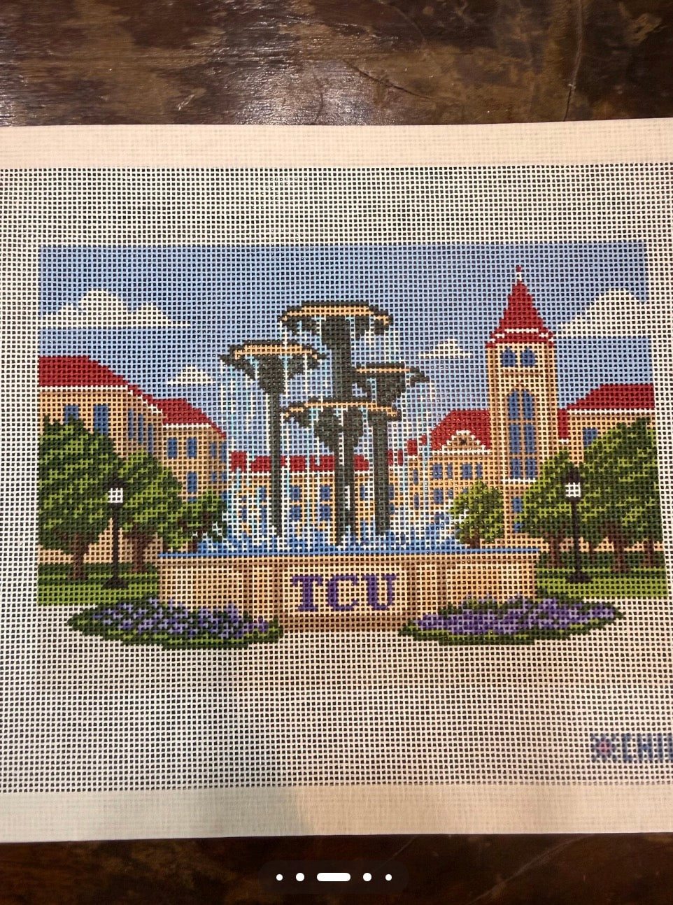 Texas Fountain Needlepoint Canvas | Fort Worth Campus Landmark Design | 8x10 canvas on 18 mesh