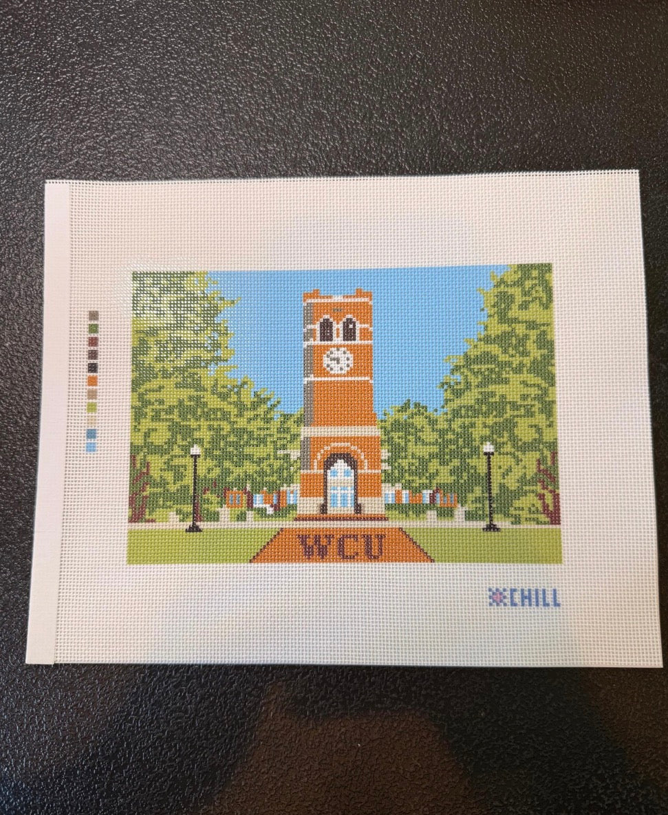 Cullowhee Campus Clock Needlepoint Canvas | Western North Carolina College Landmark - 8x10 canvas -18 mesh