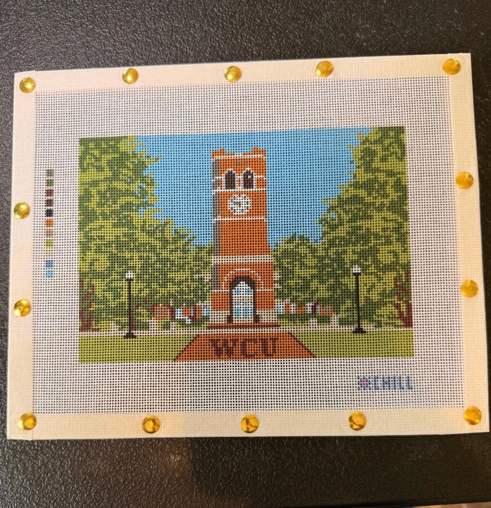 Cullowhee Campus Clock Needlepoint Canvas | Western North Carolina College Landmark - 8x10 canvas -18 mesh