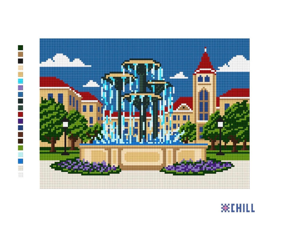 Texas Fountain Needlepoint Canvas | Fort Worth Campus Landmark Design | 8x10 canvas on 18 mesh