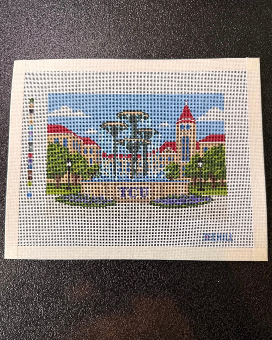 Texas Fountain Needlepoint Canvas | Fort Worth Campus Landmark Design | 8x10 canvas on 18 mesh