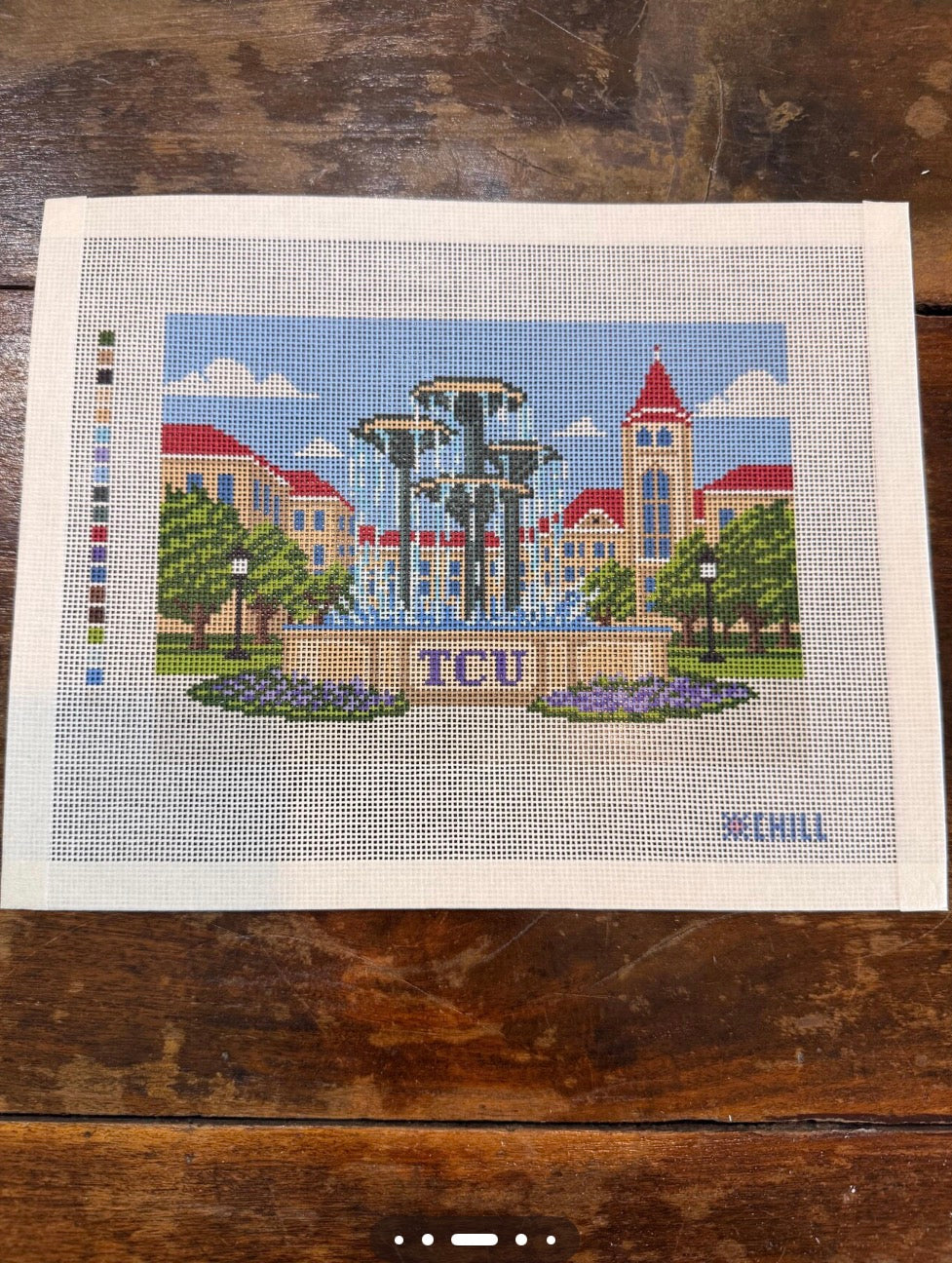 Texas Fountain Needlepoint Canvas | Fort Worth Campus Landmark Design | 8x10 canvas on 18 mesh