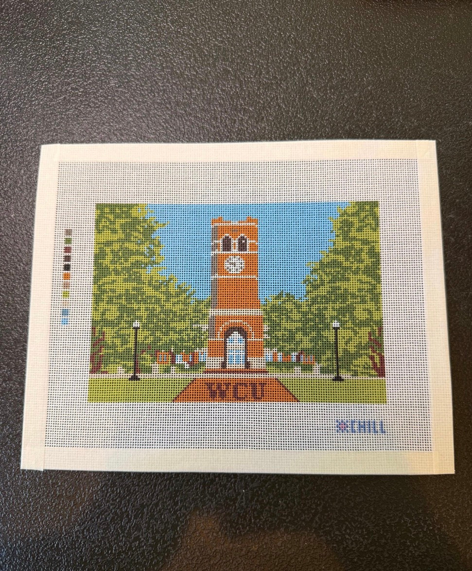 Cullowhee Campus Clock Needlepoint Canvas | Western North Carolina College Landmark - 8x10 canvas -18 mesh