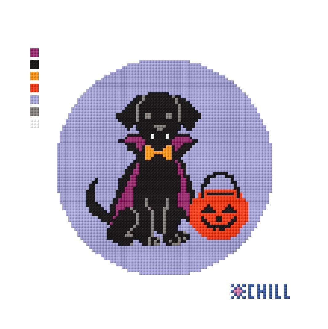 Halloween Needlepoint Canvas – Vampire Puppy Dog Black Lab Design