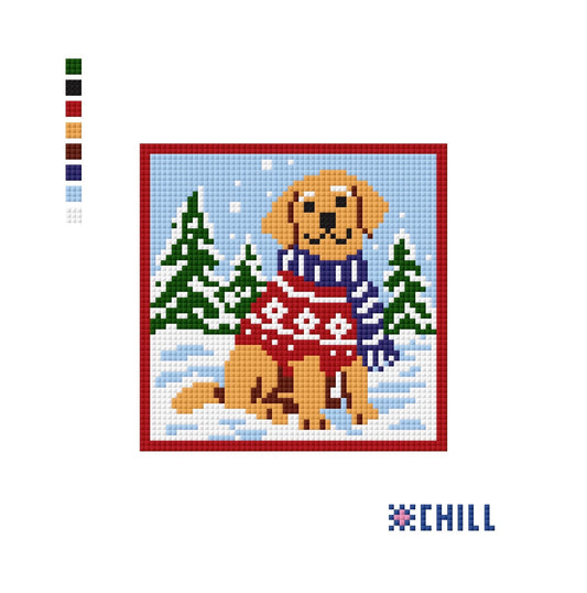Christmas Dog in Sweater Needlepoint Canvas – Square Ornament or Coaster | Winter Chill Collection