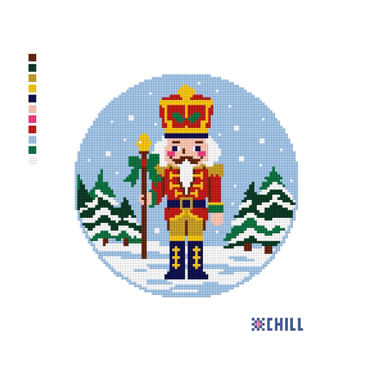 Red and gold nutcracker surrounded by snowy evergreen trees against a round light blue background