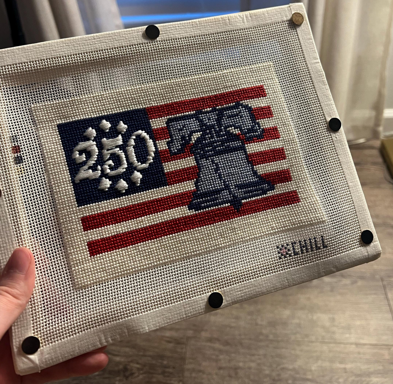 250th Liberty Bell American Flag Needlepoint Canvas – Finished Piece – Needlepoint & Chill