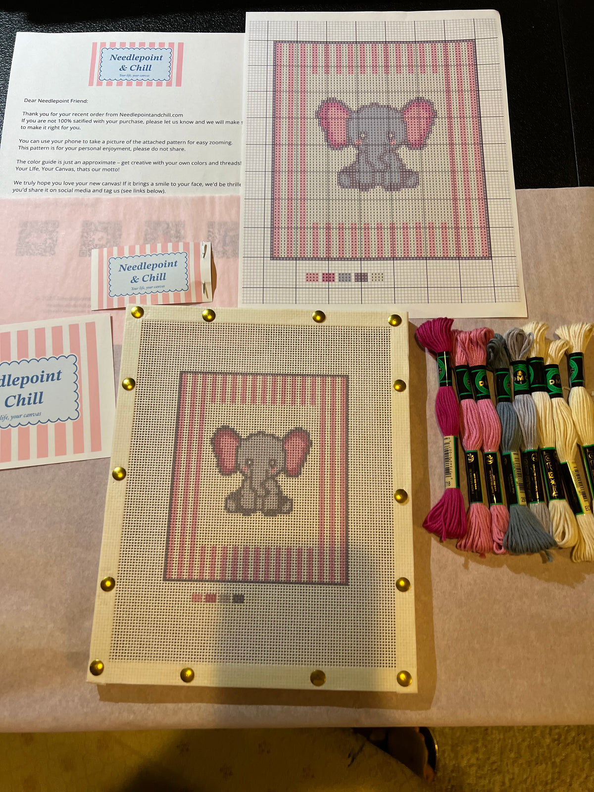 Little AL Pink Elephant Needlepoint Kit – Finished Piece – Needlepoint & Chill