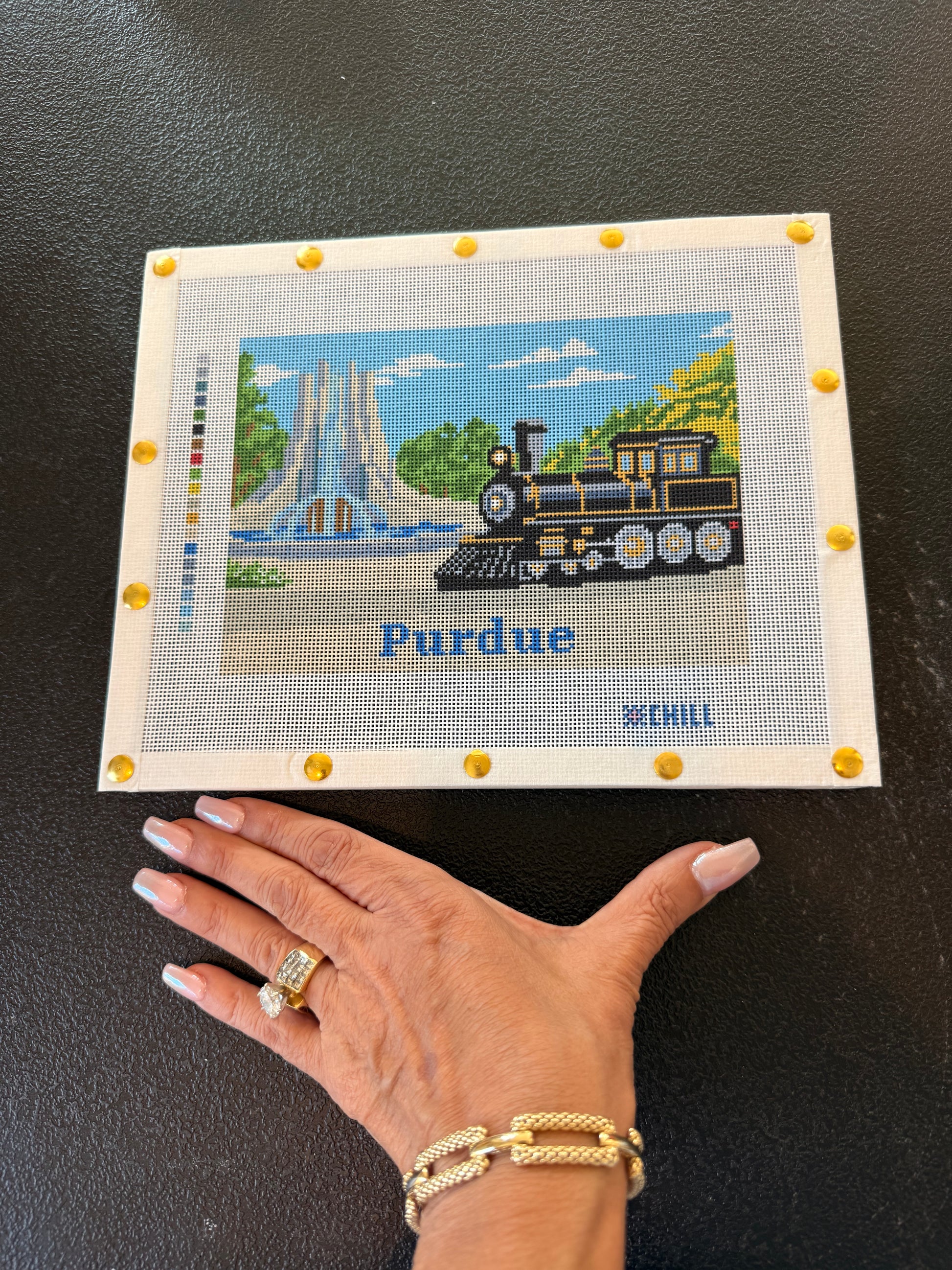 Purdue Campus Train & Fountain Needlepoint Canvas – Canvas Detail – Needlepoint & Chill