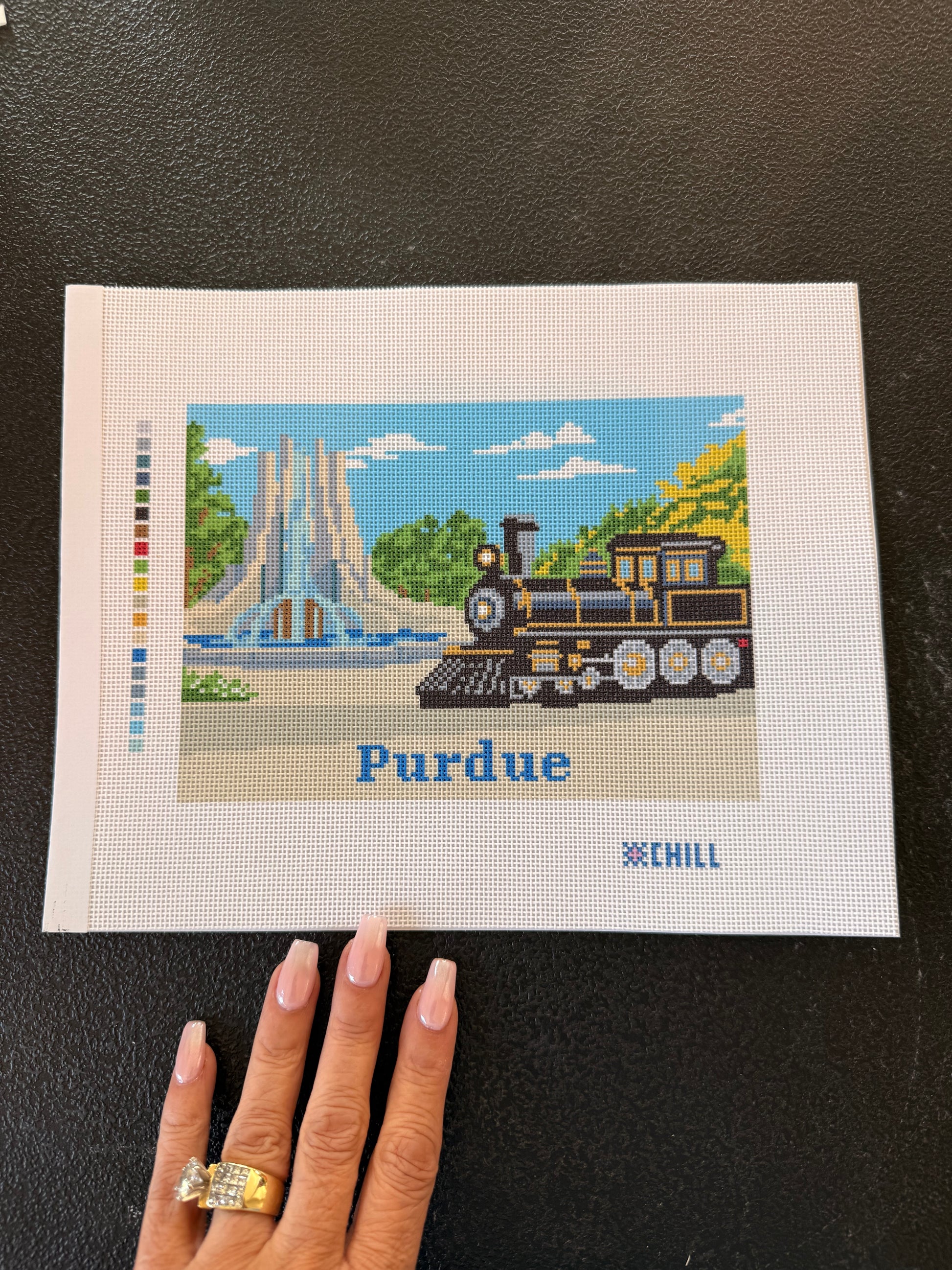Purdue Campus Train & Fountain Needlepoint Canvas – Stitched Example – Needlepoint & Chill