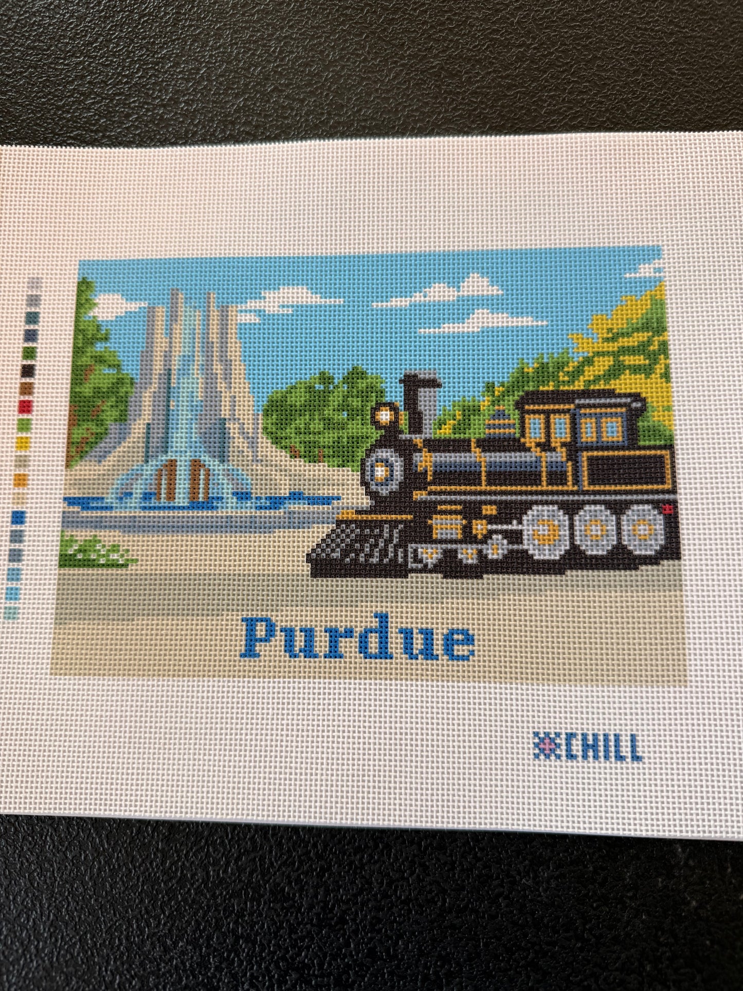Purdue Campus Train & Fountain Needlepoint Canvas – Full View – Needlepoint & Chill