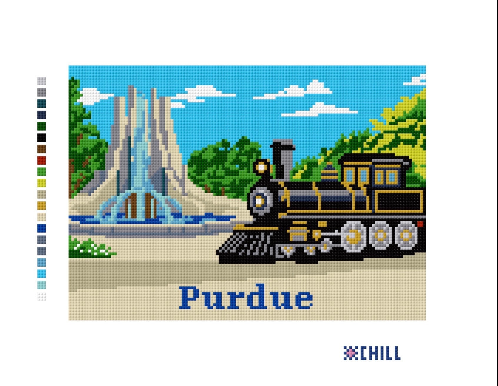 Purdue Campus Train & Fountain Needlepoint Canvas – West Lafayette – Needlepoint & Chill