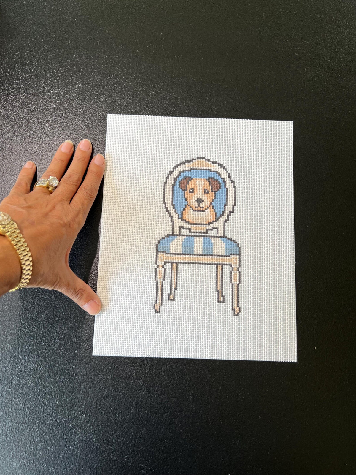 Dog King Louis Chair Needlepoint Canvas – Stitched Example – Needlepoint & Chill