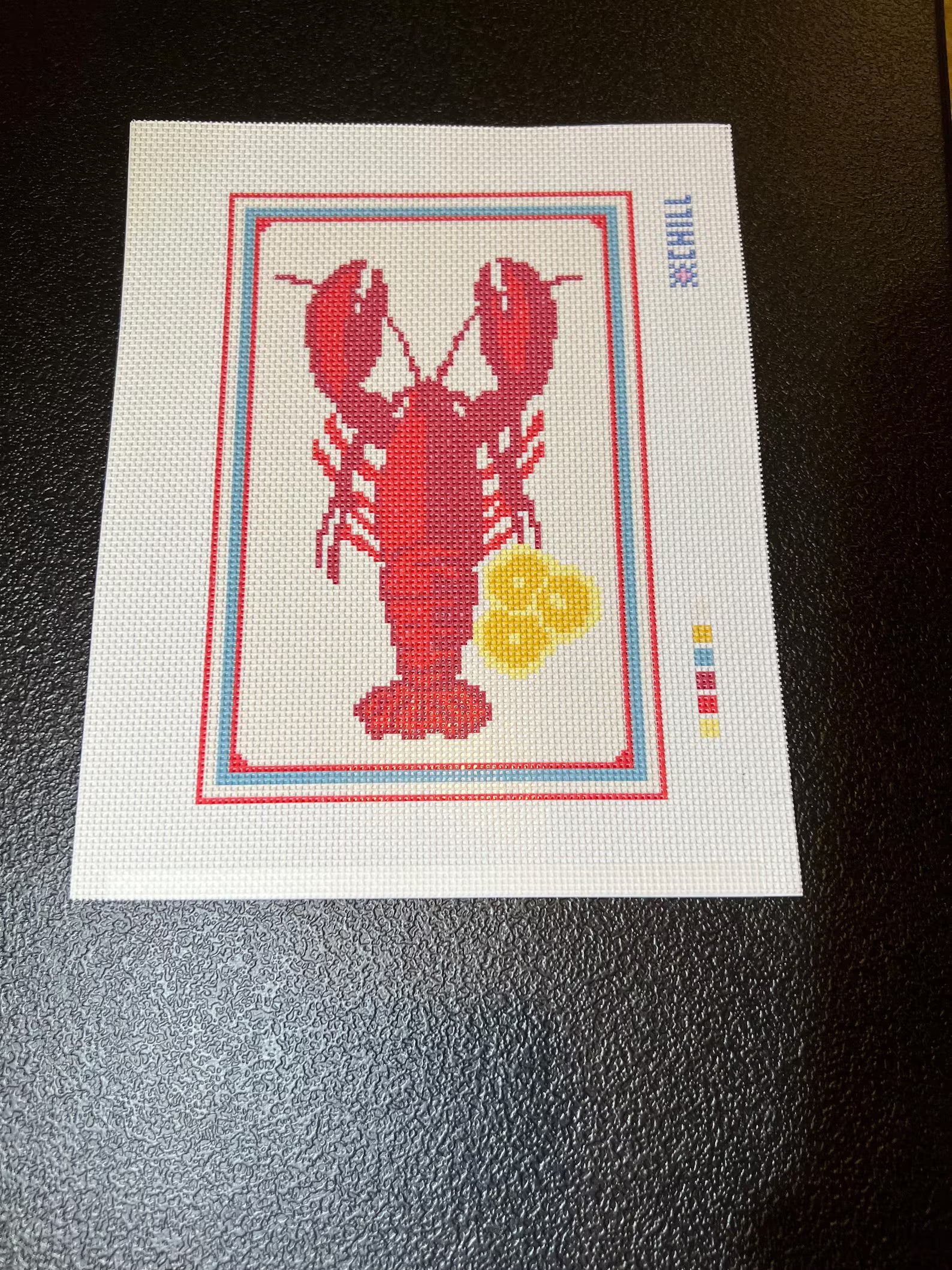 Lobster & Lemon Needlepoint Canvas – Stitched Example – Needlepoint & Chill