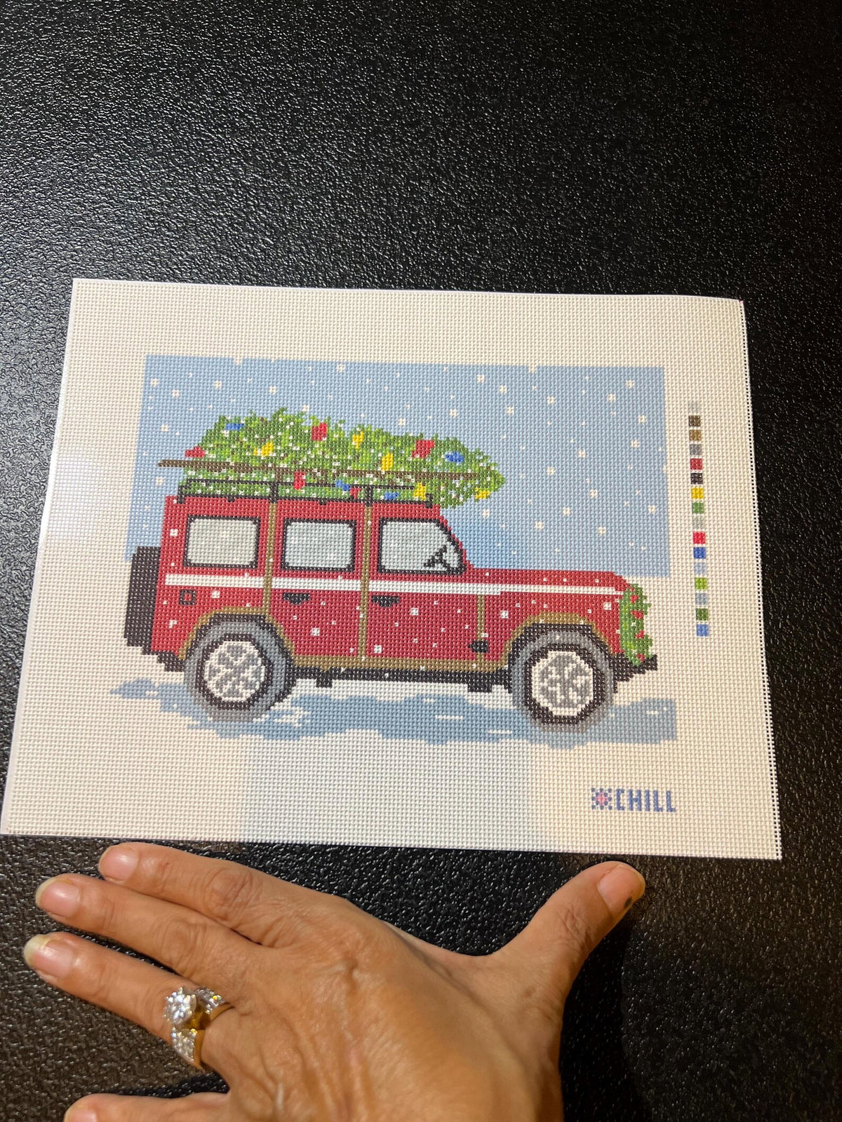 Christmas Tree on Truck Needlepoint Canvas – Stitched Example – Needlepoint & Chill