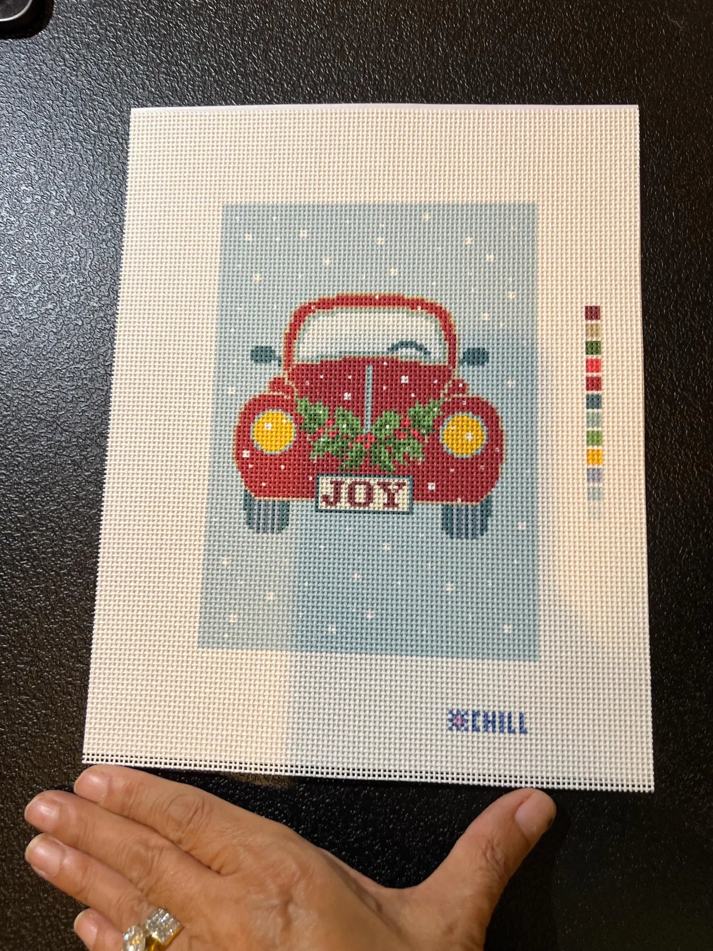 Red Christmas Car with Wreath Needlepoint Canvas – Finished Piece – Needlepoint & Chill