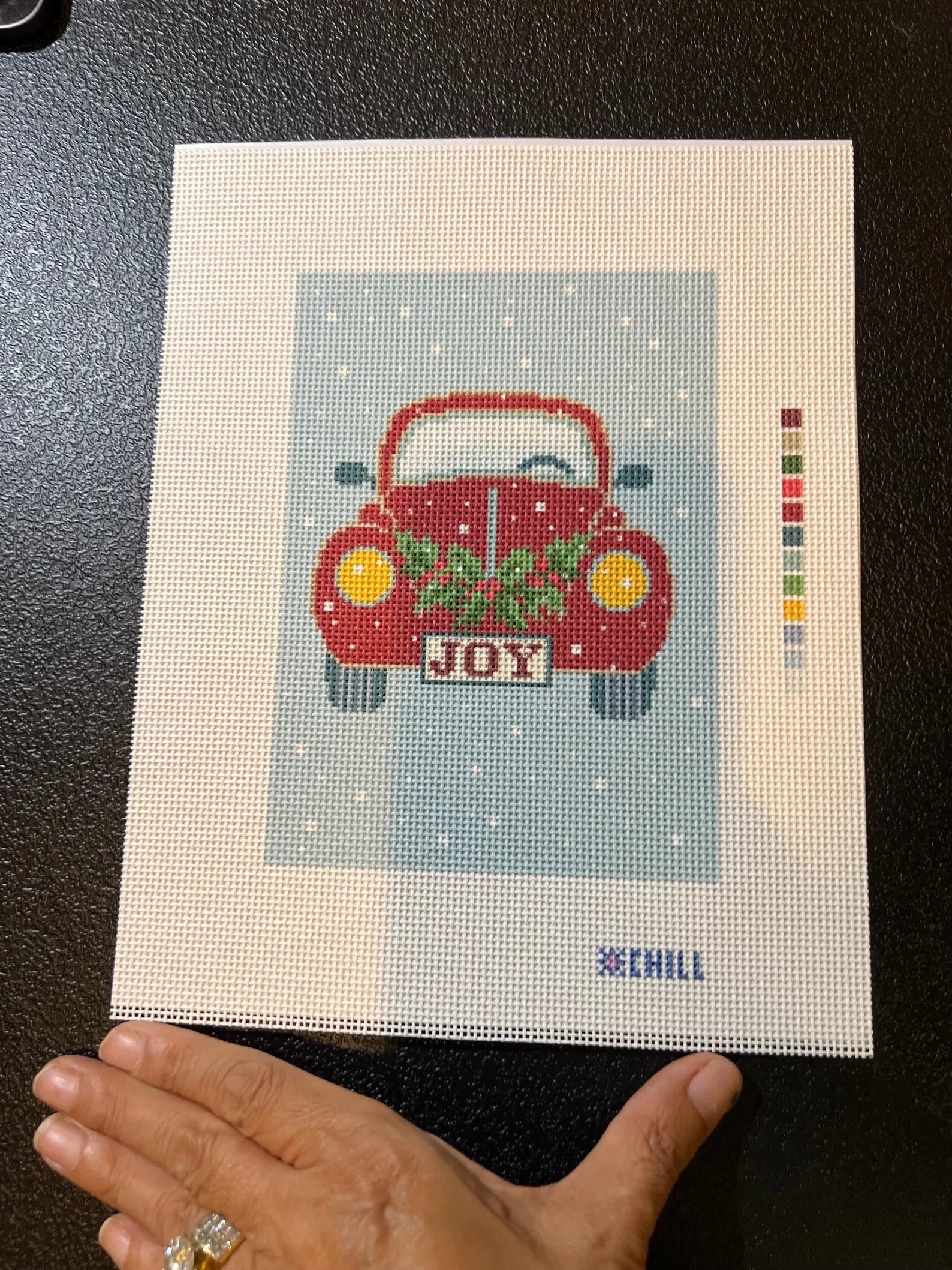 Red Christmas Car with Wreath Needlepoint Canvas – Finished Piece – Needlepoint & Chill