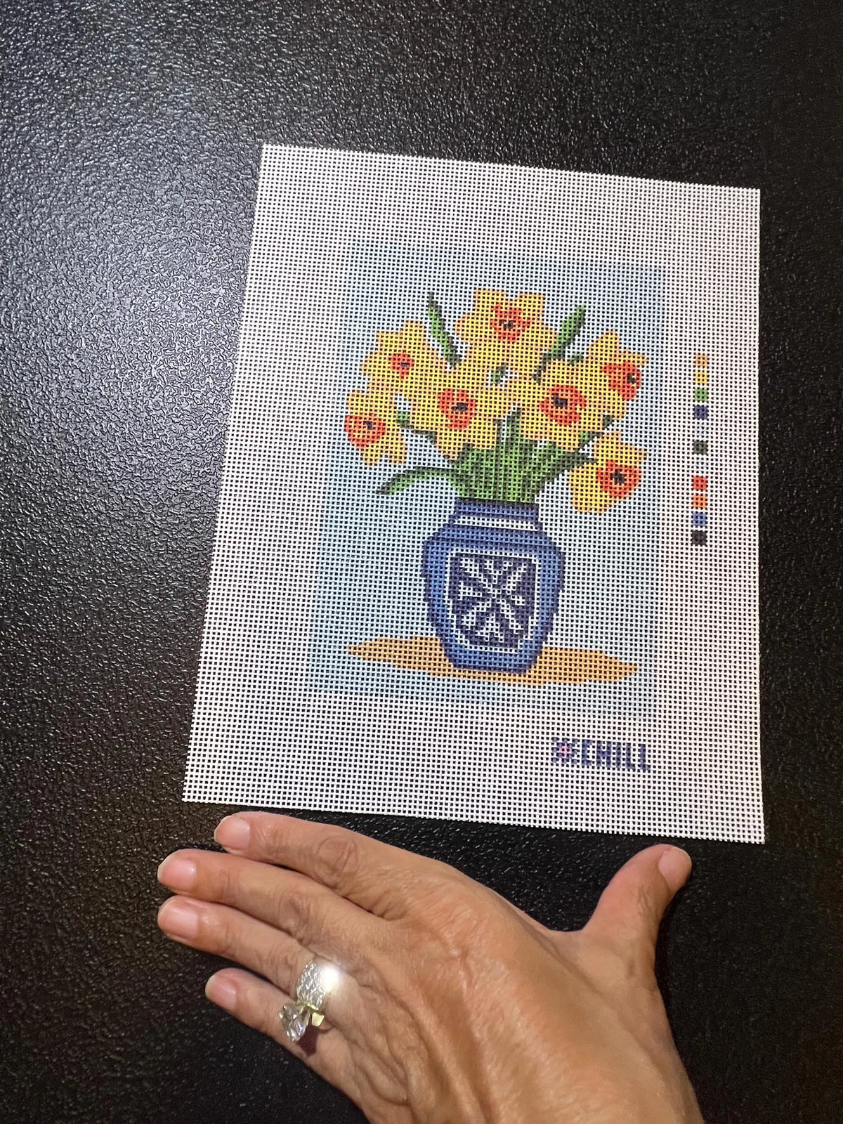 Daffodils in Blue and White Vase Needlepoint Canvas – Full View – Needlepoint & Chill