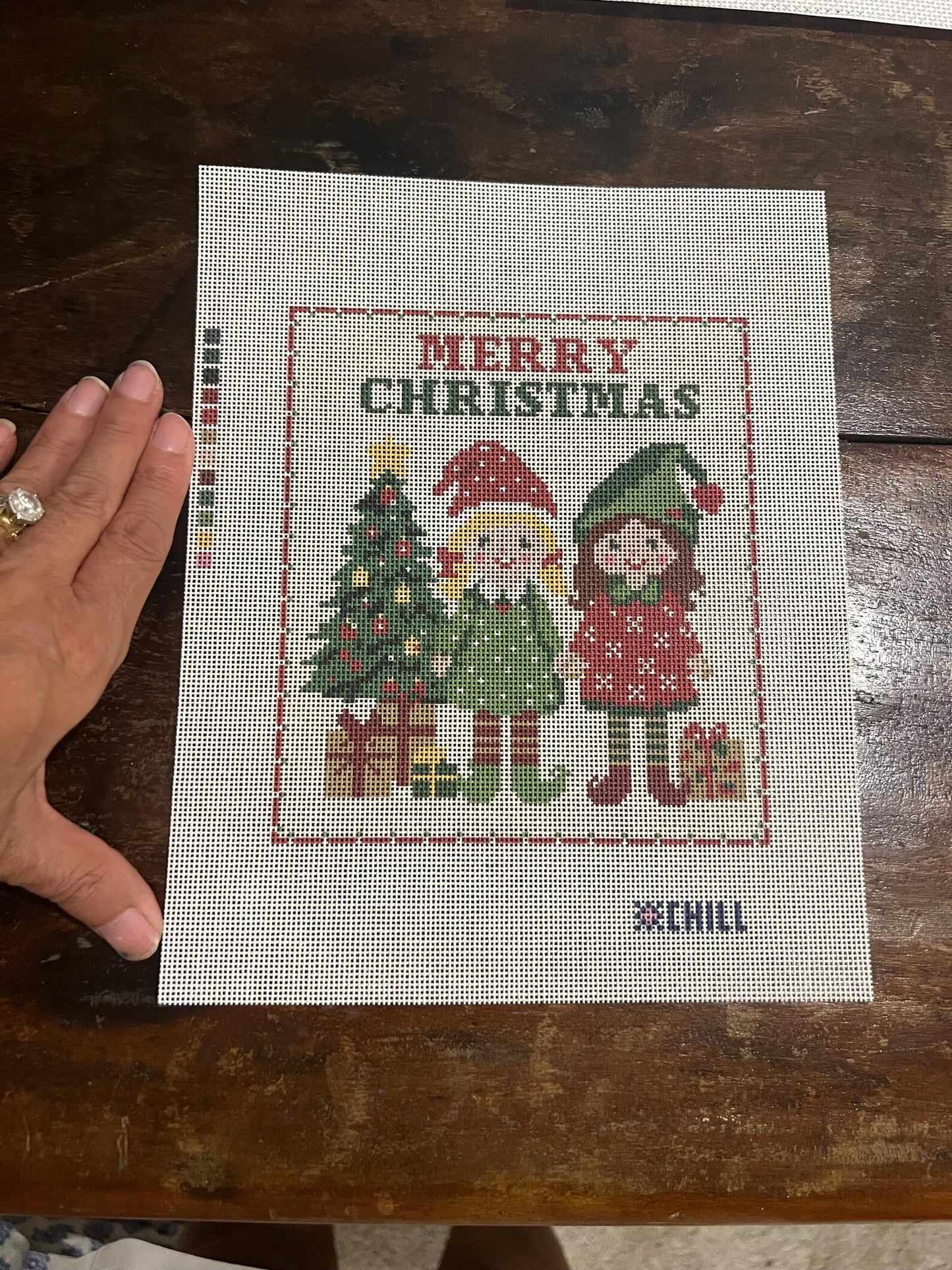 Santa's Helper Elves Needlepoint Canvas – Stitched Example – Needlepoint & Chill