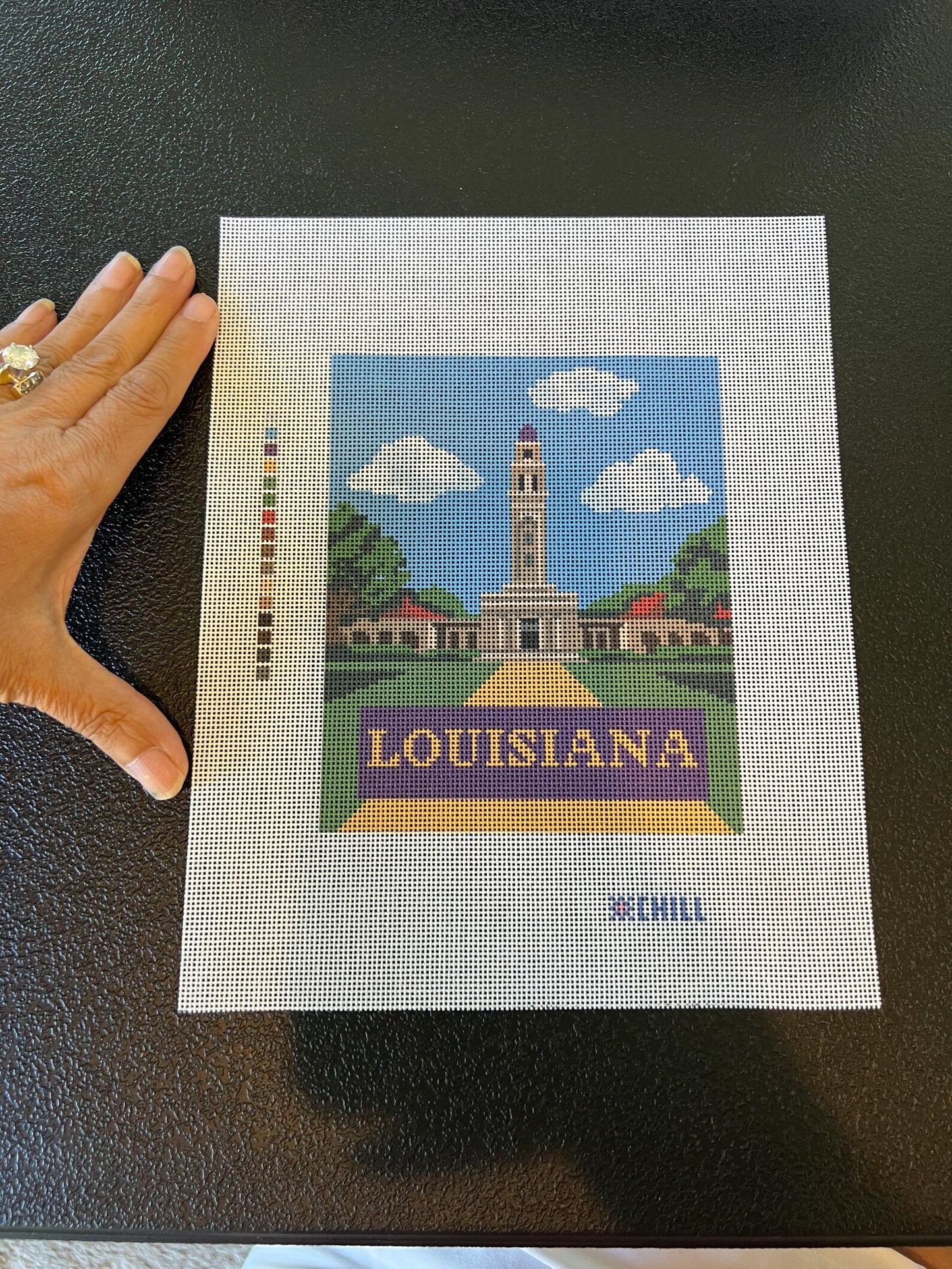 LSU Memorial Tower Needlepoint Canvas – Stitched Example – Needlepoint & Chill
