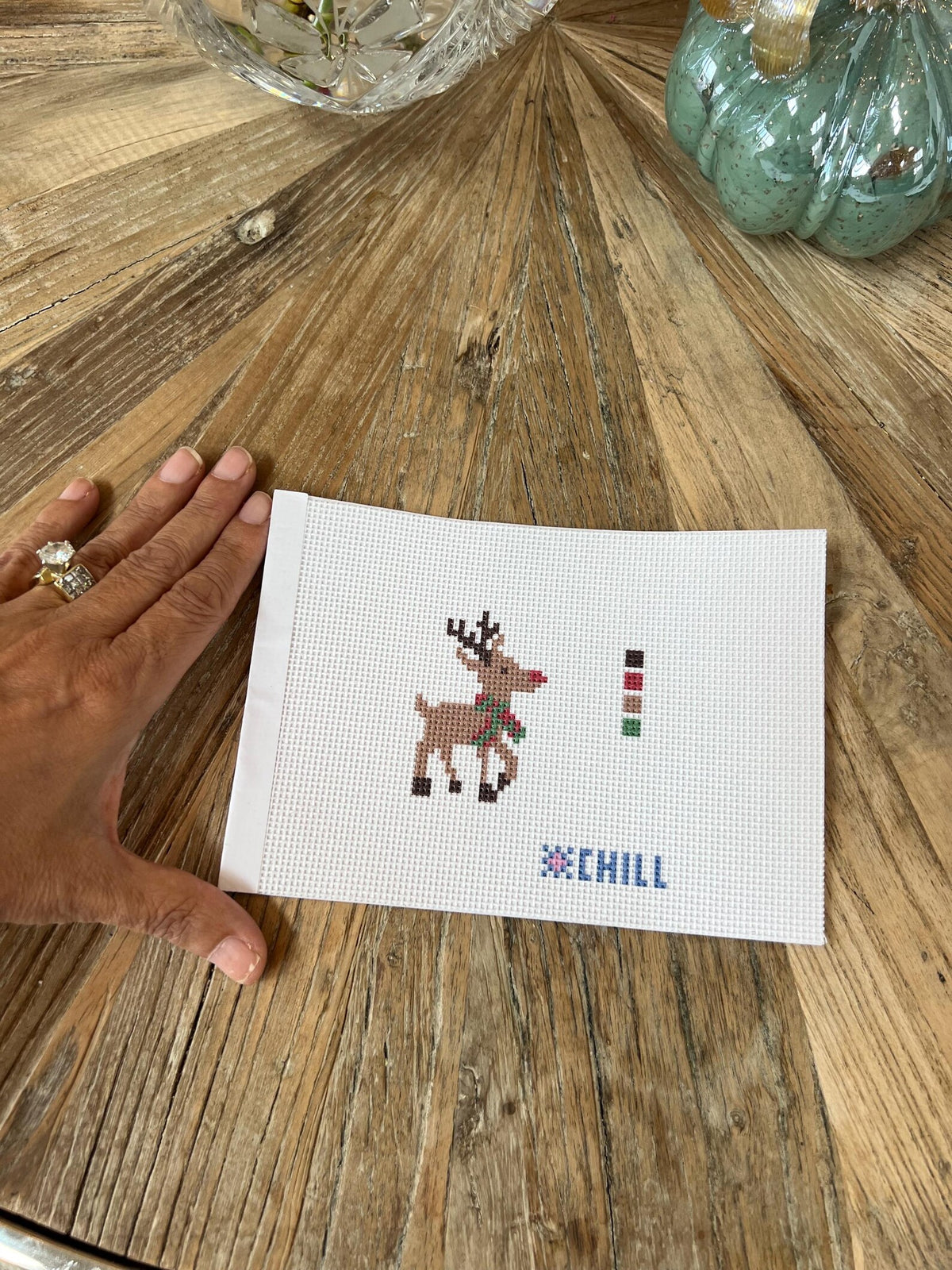 Mini Red-Nosed Reindeer Needlepoint Canvas – Stitched Example – Needlepoint & Chill