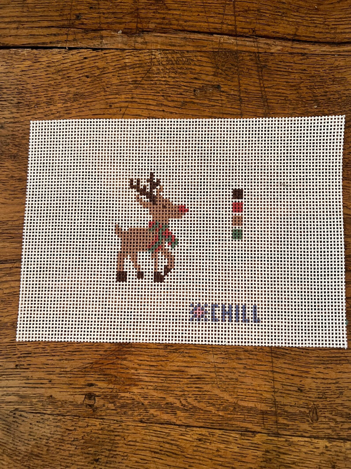 Mini Red-Nosed Reindeer Needlepoint Canvas – Canvas Detail – Needlepoint & Chill