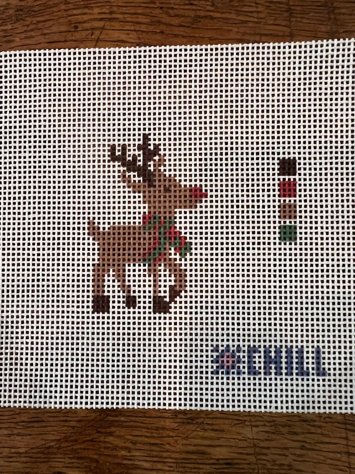 Mini Red-Nosed Reindeer Needlepoint Canvas – Finished Piece – Needlepoint & Chill