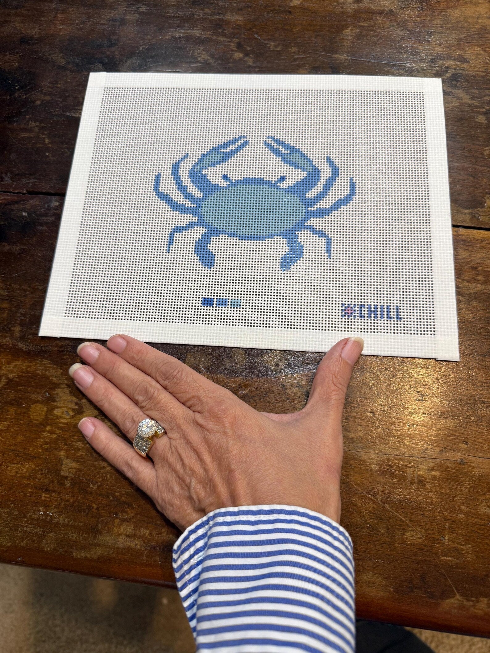 Blue Crab Ornament Needlepoint Kit – Stitched Example – Needlepoint & Chill