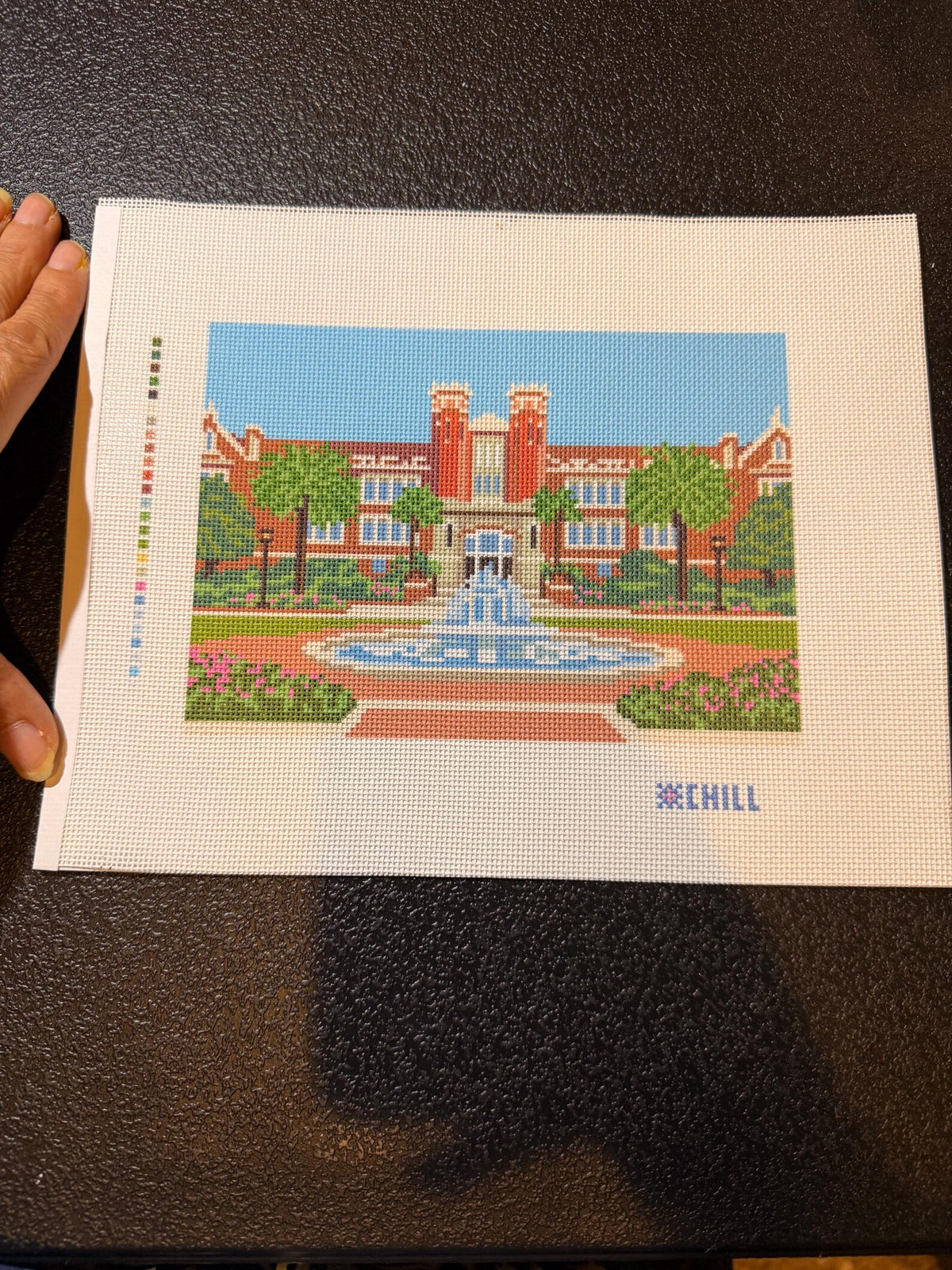 Tallahassee Florida University Landmark Needlepoint Canvas – Stitched Example – Needlepoint & Chill